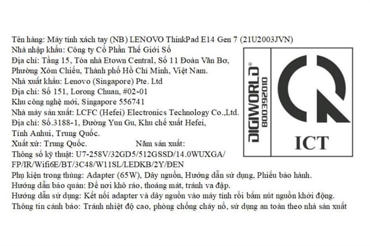 Laptop Lenovo ThinkPad E14 Gen 7 - 21U2003JVN (Ultra 7 258V, 32GB, 512GB, WUXGA, Win11) Màu Đen