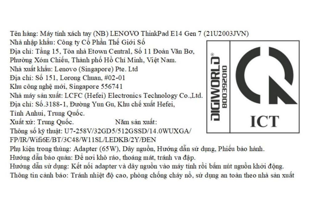 Laptop Lenovo ThinkPad E14 Gen 7 - 21U2003JVN (Ultra 7 258V, 32GB, 512GB, WUXGA, Win11) Màu Đen