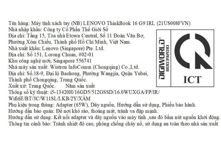 Laptop Lenovo ThinkBook 16 G9 IRL - 21US008FVN (i5 13420H, 16GB, 512GB, WUXGA, Win11) Màu Xám