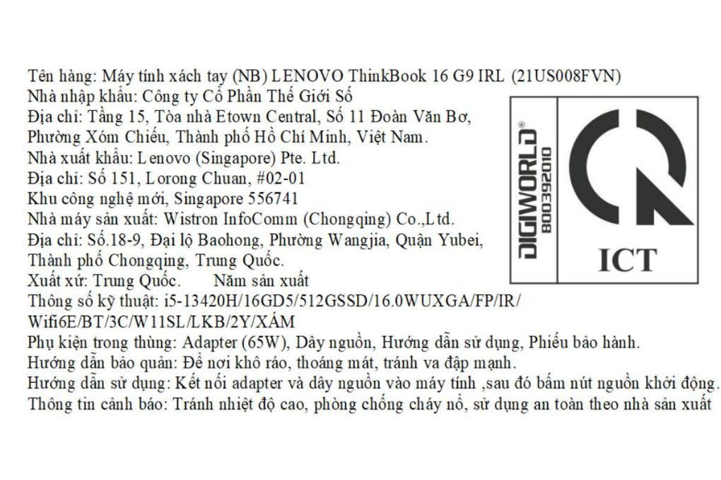 Laptop Lenovo ThinkBook 16 G9 IRL - 21US008FVN (i5 13420H, 16GB, 512GB, WUXGA, Win11) Màu Xám