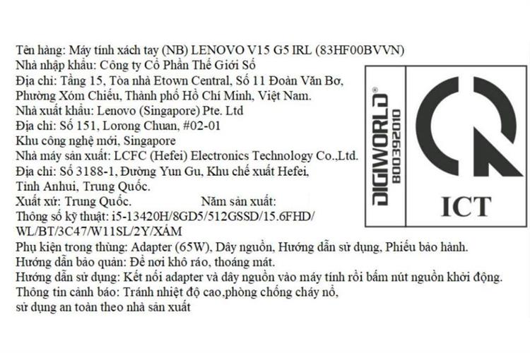 Laptop Lenovo V15 G5 IRL - 83HF00BVVN (i5 13420H, 8GB, 512GB, Full HD, Win11) Màu Xám