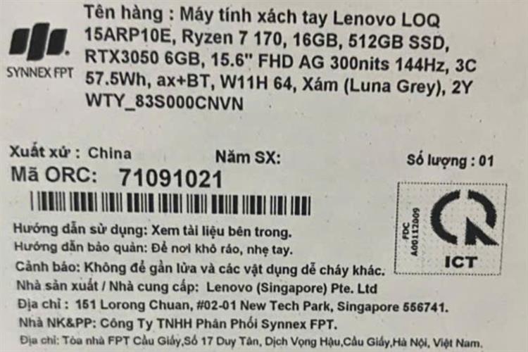 Laptop Lenovo Gaming LOQ 15ARP10 - 83S000CNVN (R7 170, 16GB, 512GB, RTX 3050 6GB, Full HD 144Hz, Win11) Màu Xám