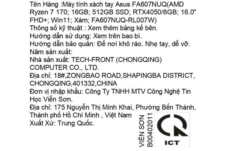 Laptop Asus TUF Gaming A16 FA607NUQ - RL007W (R7 170, 16GB, 512GB, RTX 4050 6GB, Full HD+ 144Hz, Win11) Màu Xám