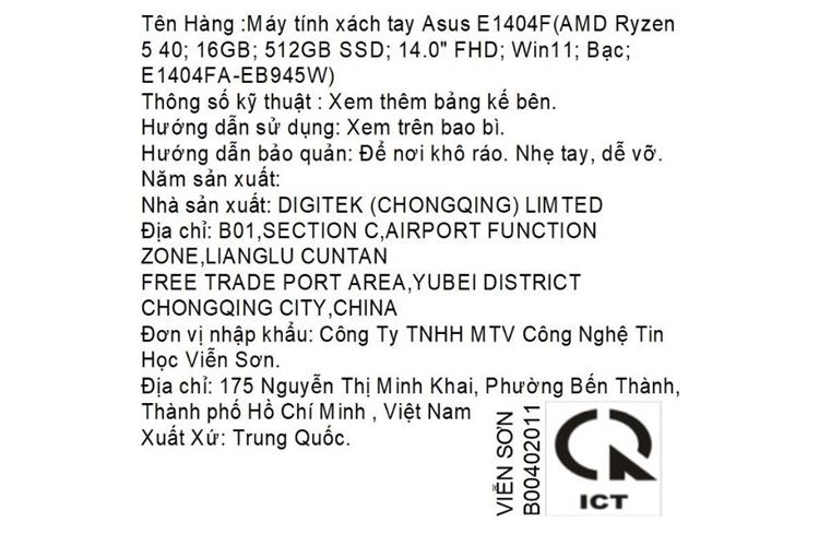 Laptop Asus VivoBook Go 14 E1404FA - EB945W (R5 40, 16GB, 512GB, Full HD, Win11) Màu Bạc