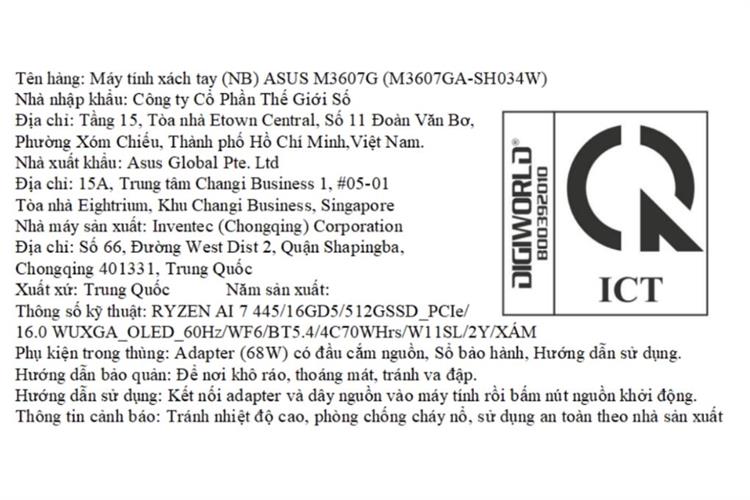 Laptop Asus Vivobook S16 M3607GA - SH034W (R7 AI 445, 16GB, 512GB, WUXGA OLED, Win11) Màu Xám