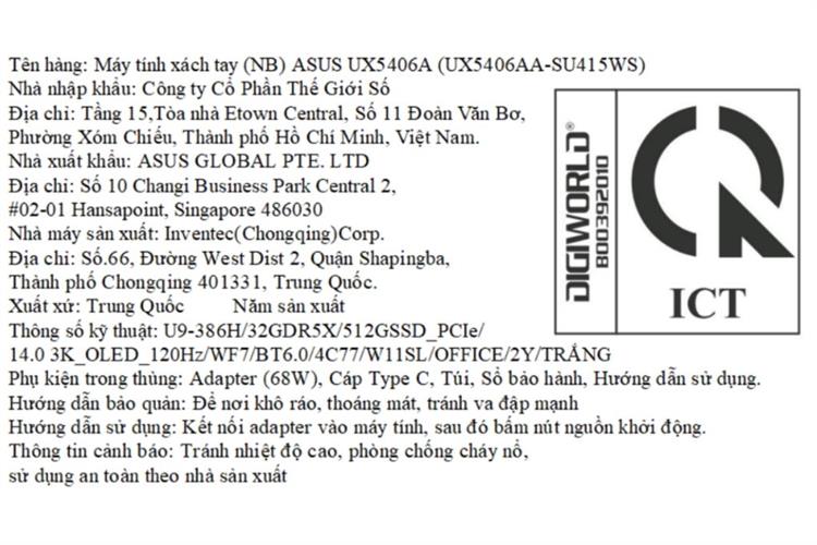 Laptop Asus Zenbook S 14 UX5406AA - SU415WS (Ultra 9 386H, 32GB, 512GB, 3K OLED 120Hz, Cảm ứng, OfficeH24+365B, Win11) Màu Trắng