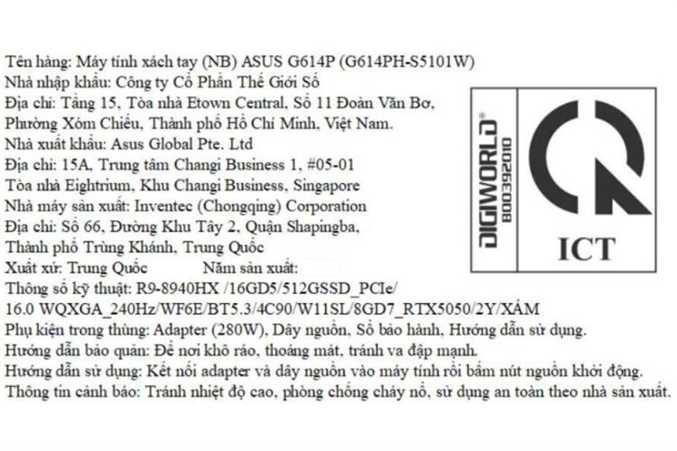 Laptop Asus Gaming ROG Strix G16 G614PH - S5101W (R9 8940HX, 16GB, 512GB, RTX 5050 8GB, WQXGA 240Hz, Win11) Màu Xám