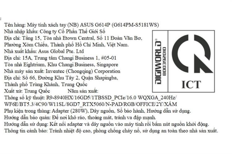 Laptop Asus Gaming ROG Strix G16 G614PM - S5181WS (R9 8940HX, 16GB, 1TB, RTX 5060 8GB, WQXGA 240Hz, OfficeH24+365B, Win11) Màu Xám