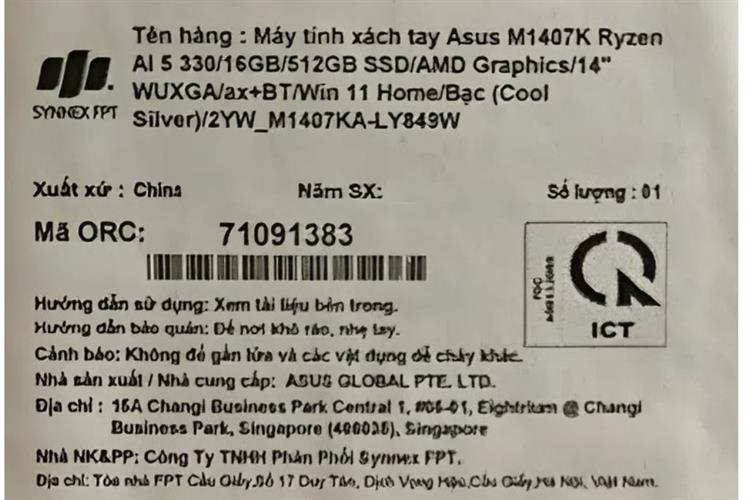 Laptop Asus Vivobook 14 M1407KA - LY849W (R5 AI 330, 16GB, 512GB, WUXGA, Win11) Màu Bạc