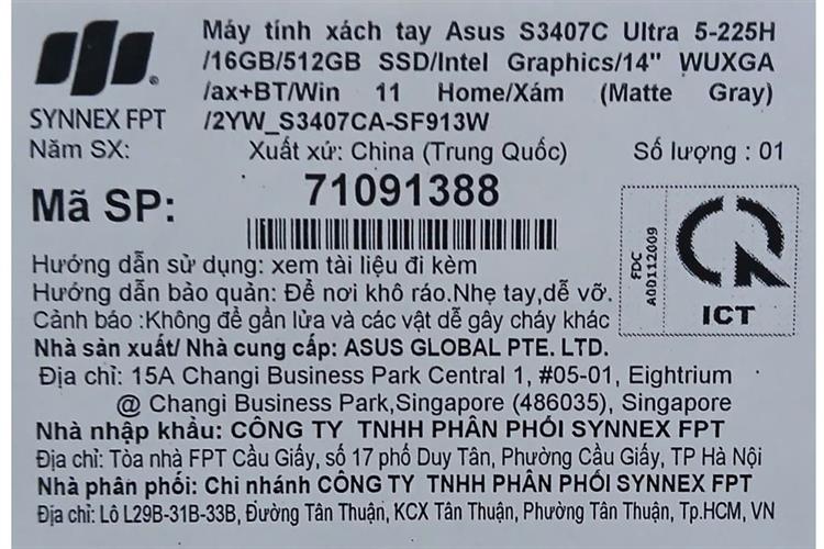 Laptop Asus Vivobook S14 S3407CA - SF913W (Ultra 5 225H, 16GB, 512GB, WUXGA OLED, Win11) Màu Xám