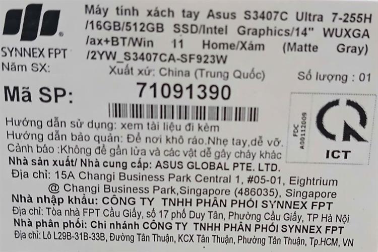Laptop Asus Vivobook S14 S3407CA - SF923W (Ultra 7 255H, 16GB, 512GB, WUXGA, Win11) Màu Xám