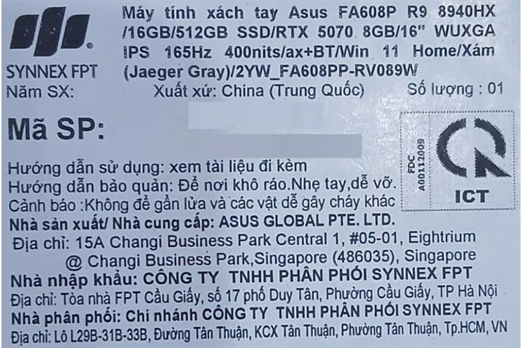 Laptop Asus TUF Gaming A16 FA608PP - RV089W (R9 8940HX, 16GB, 512GB, RTX5070 8GB, WUXGA 165Hz, Win11) Màu Xám