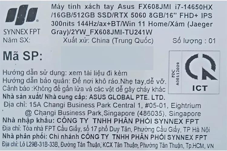Laptop Asus TUF Gaming F16 FX608JMI - TU241W (i7 14650HX, 16GB, 512GB, RTX 5060 8GB, WUXGA 144Hz, Win11) Màu Xám
