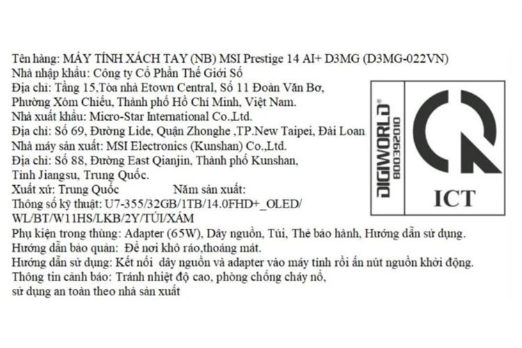 Laptop MSI Prestige 14 AI+ D3MG - 022VN (Ultra 7 355, 32GB, 1TB, Full HD+ OLED, Win11) Màu Xám