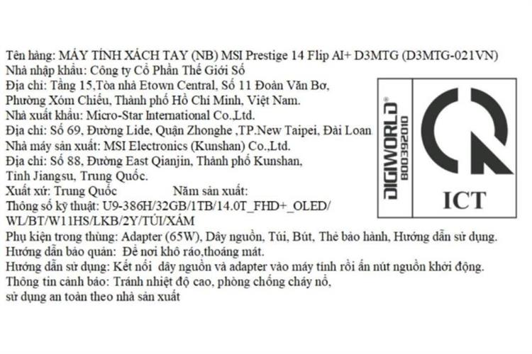 Laptop MSI Prestige 14 Flip AI+ D3MTG - 021VN (U9 386H, 32GB, 1TB, Full HD+ OLED, Cảm ứng, Win11) Màu Xám