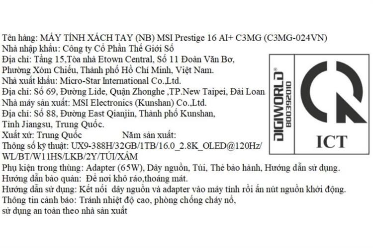 Laptop MSI Prestige 16 AI+ C3MG - 024VN (UX9 388H, 32GB, 1TB, 2.8K OLED 120Hz, Win11) Màu Xám