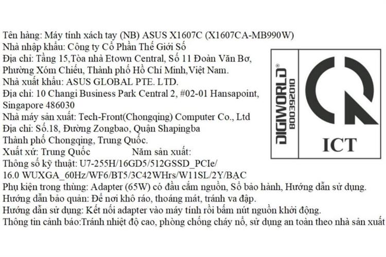 Laptop Asus Vivobook 16 X1607CA - MB990W (Ultra 7 255H, 16GB, 512GB, WUXGA, Win11) Màu Bạc