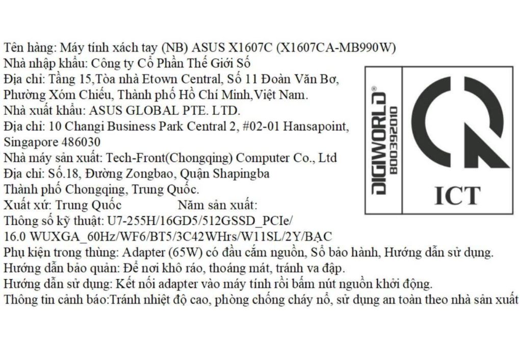 Laptop Asus Vivobook 16 X1607CA - MB990W (Ultra 7 255H, 16GB, 512GB, WUXGA, Win11) Màu Bạc