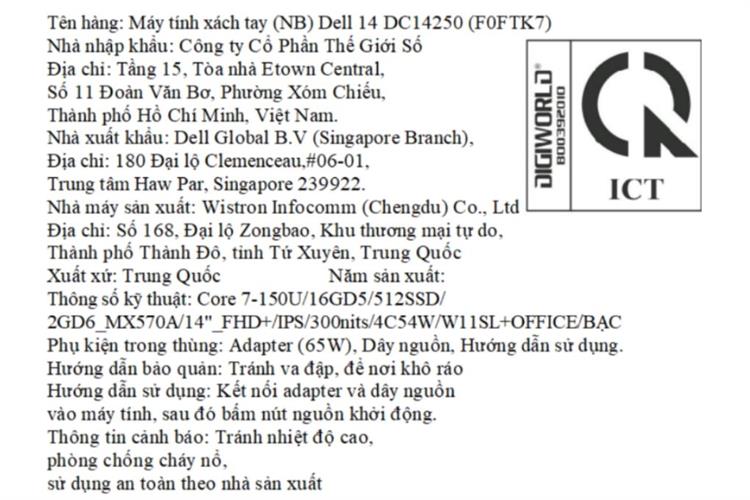 Laptop Dell 14 DC14250 - F0FTK7 (Core 7 150U, 16GB, 512GB, MX570A 2GB, Full HD+, OfficeHS24+365, Win11) Màu Bạc