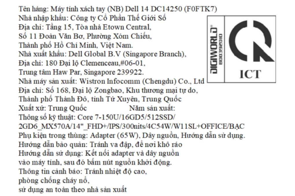 Laptop Dell 14 DC14250 - F0FTK7 (Core 7 150U, 16GB, 512GB, MX570A 2GB, Full HD+, OfficeHS24+365, Win11) Màu Bạc