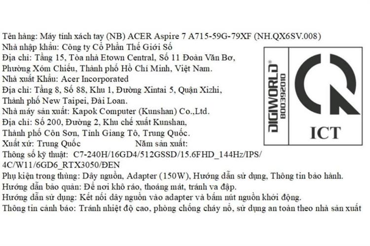 Laptop Acer Gaming Aspire 7 A715-59G-79XF - NH.QX6SV.008 (Core 7 240H, 16GB, 512GB, RTX 3050 6GB, Full HD 144Hz, Win11) Màu Đen