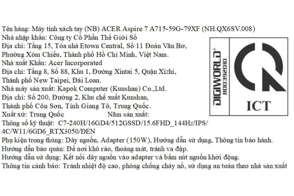 Laptop Acer Gaming Aspire 7 A715-59G-79XF - NH.QX6SV.008 (Core 7 240H, 16GB, 512GB, RTX 3050 6GB, Full HD 144Hz, Win11) Màu Đen