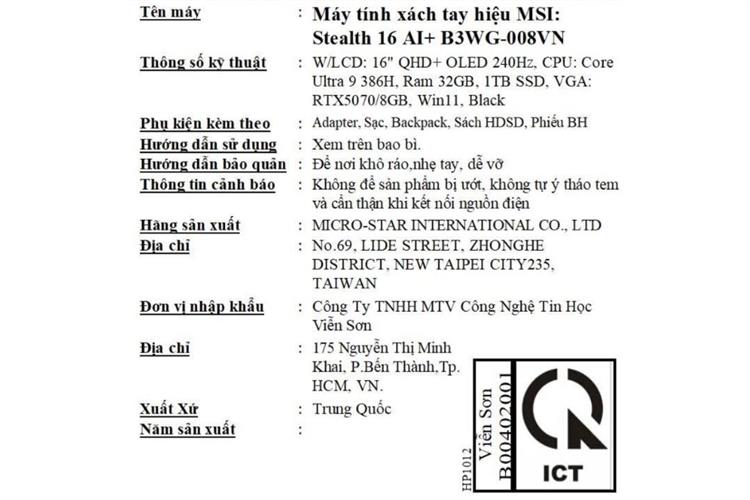 Laptop MSI Gaming Stealth 16 AI+ B3WG - 008VN (Ultra 9 386H, 32GB, 1TB, RTX 5070 8GB, QHD+ OLED 240Hz, Win11) Màu Đen