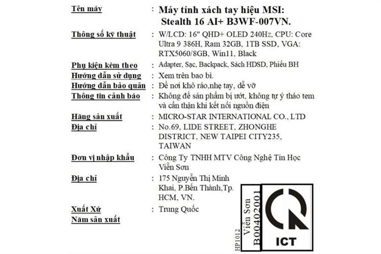 Laptop MSI Gaming Stealth 16 AI+ B3WF - 007VN (Ultra 9 386H, 32GB, 1TB, RTX 5060 8GB, QHD+ OLED 240Hz, Win11) Màu Đen