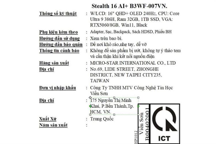 Laptop MSI Gaming Stealth 16 AI+ B3WF - 007VN (Ultra 9 386H, 32GB, 1TB, RTX 5060 8GB, QHD+ OLED 240Hz, Win11) Màu Đen