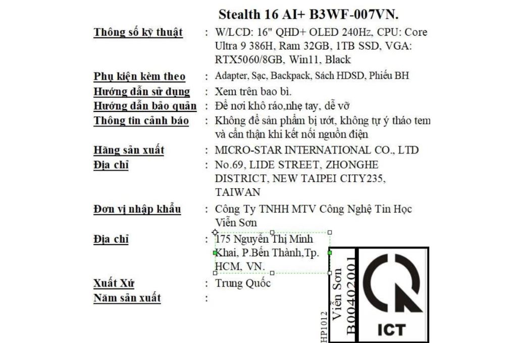 Laptop MSI Gaming Stealth 16 AI+ B3WF - 007VN (Ultra 9 386H, 32GB, 1TB, RTX 5060 8GB, QHD+ OLED 240Hz, Win11) Màu Đen