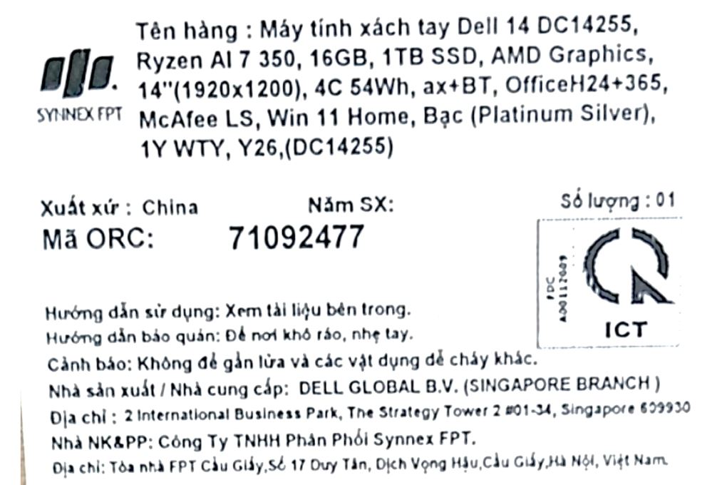 Laptop Dell 14 DC14255 - 71092477 (R7 350, 16GB, 1TB, Full HD+, OfficeHS24+365B, Win11) Màu Bạc