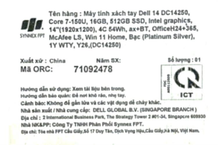 Laptop Dell 14 DC14250 - 71092478 (Core 7 150U, 16GB, 512GB, Full HD+ 120Hz, OfficeHS24+365, Win11) Màu Bạc