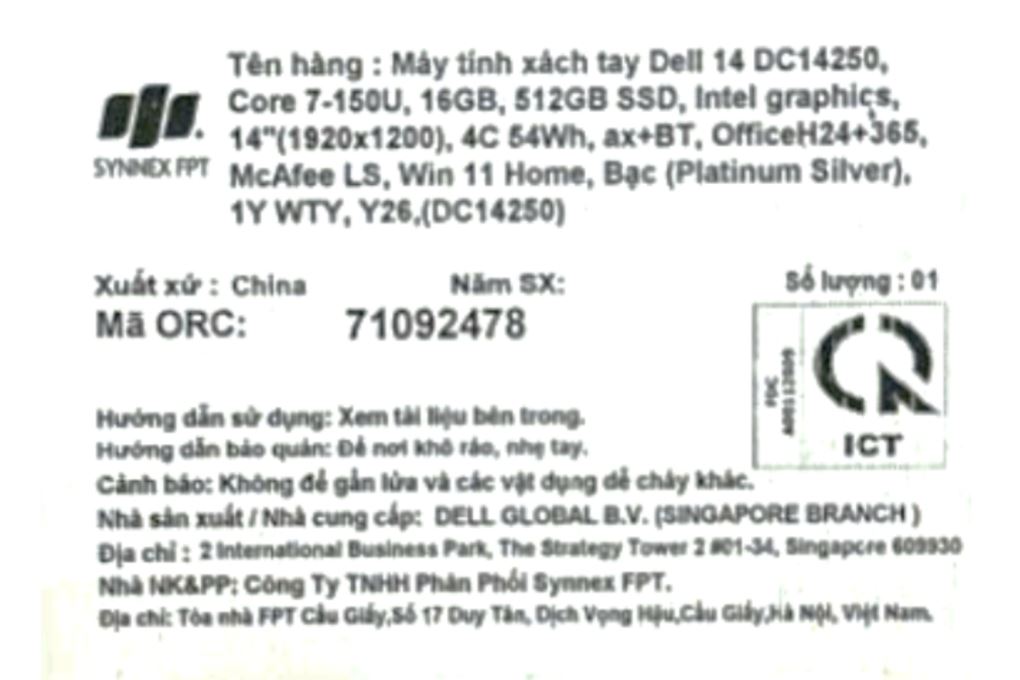 Laptop Dell 14 DC14250 - 71092478 (Core 7 150U, 16GB, 512GB, Full HD+ 120Hz, OfficeHS24+365, Win11) Màu Bạc