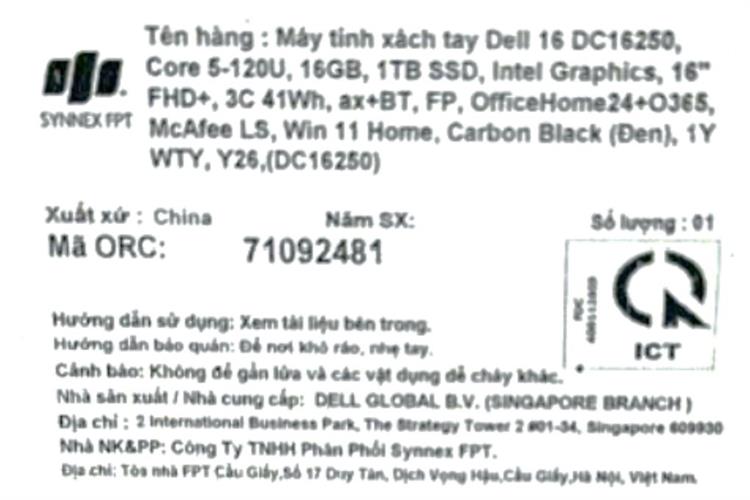 Laptop Dell 16 DC16250 - 71092481 (Core 5 120U, 16GB, 1TB, Full HD+, OfficeHS24+365, Win11) Màu Đen