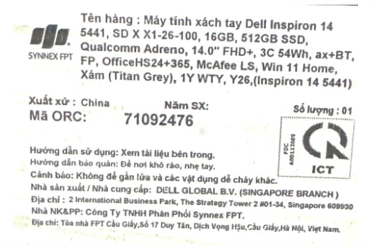 Laptop Dell Inspiron 14 5441 - 71092476 (X1 26 100, 16GB, 512GB, Full HD+, OfficeHS24+365, Win11) Màu Xám