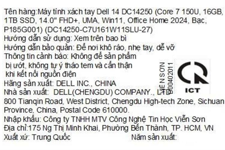 Laptop Dell 14 DC14250 - DC14250-C7U161W11SLU-27 (Core 7 150U, 16GB, 1TB, Full HD+, OfficeHS24+365, Win11) Màu Bạc