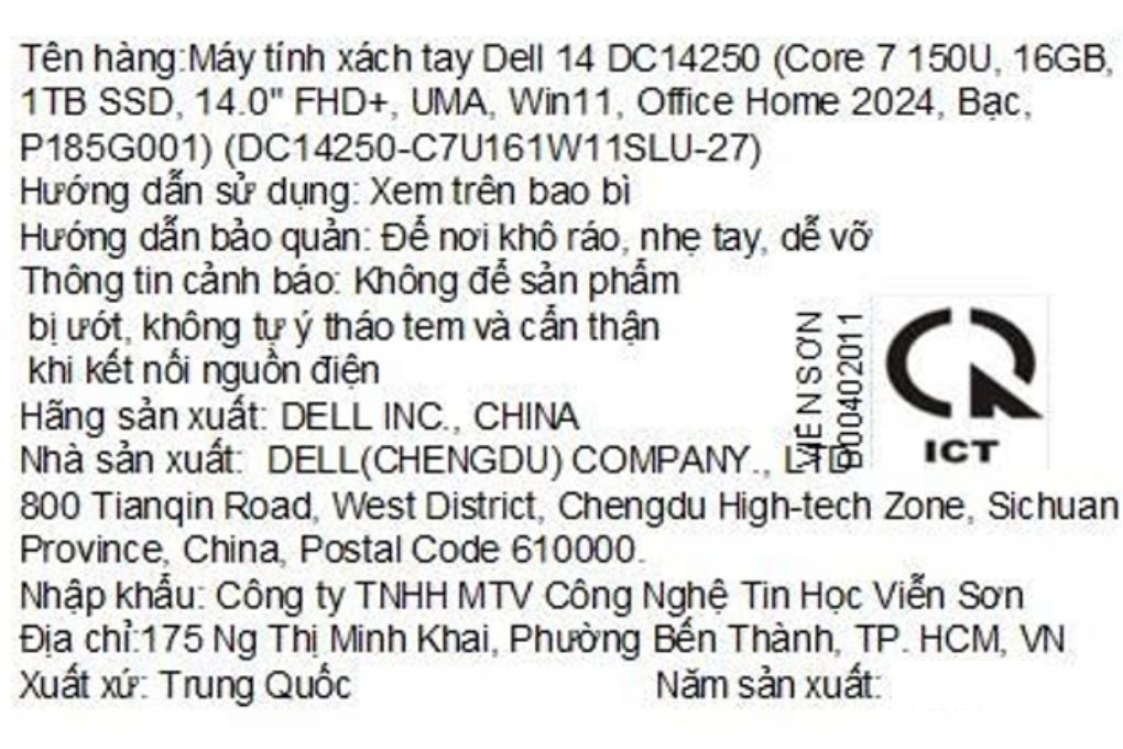 Laptop Dell 14 DC14250 - DC14250-C7U161W11SLU-27 (Core 7 150U, 16GB, 1TB, Full HD+, OfficeHS24+365, Win11) Màu Bạc