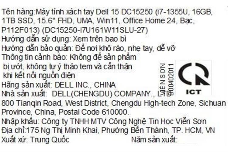 Laptop Dell 15 DC15250 - DC15250-i7U161W11SLU-27 (i7 1355U, 16GB, 1TB, Full HD 120Hz, OfficeHS24+365, Win11) Màu Bạc