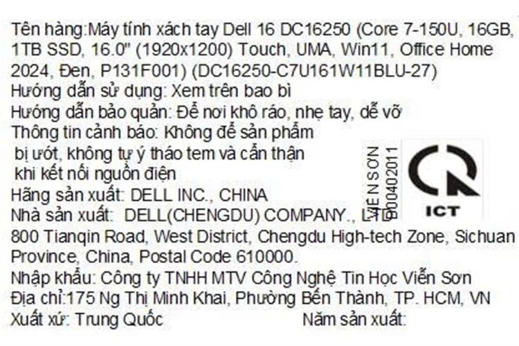 Laptop Dell 16 DC16250 - DC16250-C7U161W11BLU-27 (Core 7 150U, 16GB, 1TB, Full HD+, OfficeHS24+365, Win11) Màu Đen