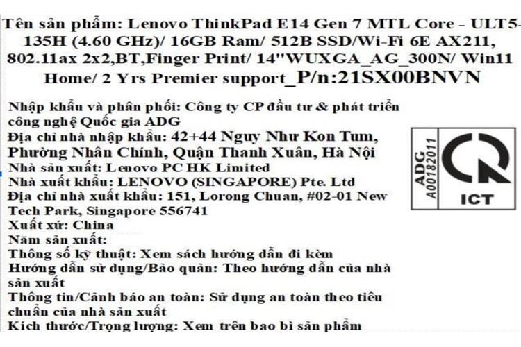 Laptop Lenovo ThinkPad E14 Gen 7 - 21SX00BNVN (Ultra 5 135H, 16GB, 512GB, WUXGA, Win11) Màu Đen