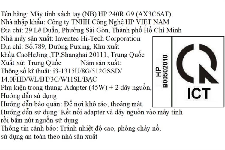 Laptop HP 240R G9 - AX3C6AT (i3 1315U, 8GB, 512GB, Full HD, Win11) Màu Đen
