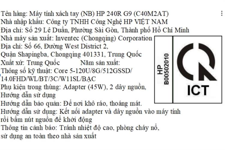 Laptop HP 240R G9 - C40M2AT (Core 5 120U, 8GB, 512GB, Full HD, Win11) Màu Đen