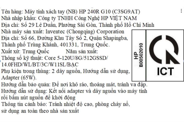 Laptop HP 240R G10 - C3SG9AT (Core 5 120U, 8GB, 512GB, Full HD, Win11) Màu Bạc