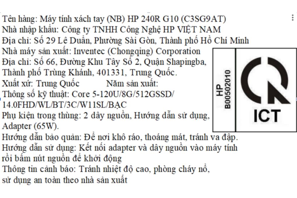 Laptop HP 240R G10 - C3SG9AT (Core 5 120U, 8GB, 512GB, Full HD, Win11) Màu Bạc