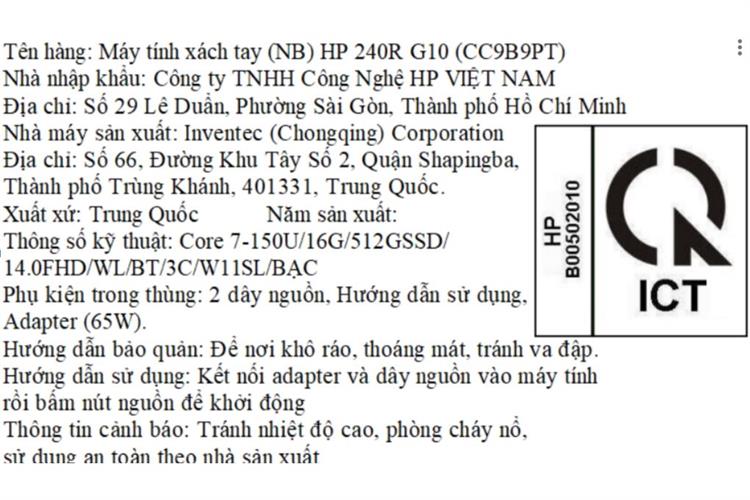 Laptop HP 240R G10 - CC9B9PT (Core 7 150U, 16GB, 512GB, Full HD, Win11) Màu Bạc