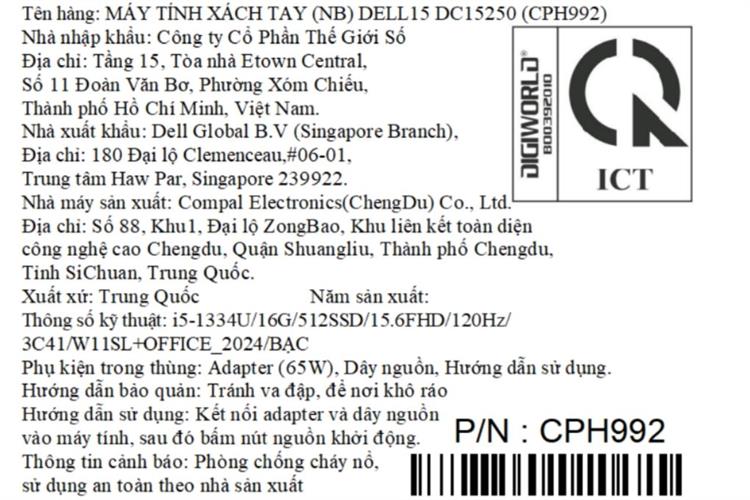 Laptop Dell 15 DC15250 - CPH992 (i5 1334U, 16GB, 512GB, Full HD 120Hz, OfficeHS24+365B, Win11) Màu Bạc