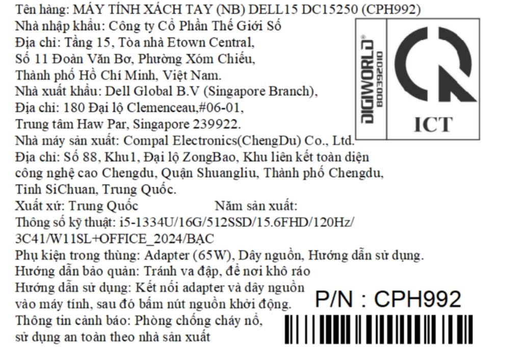 Laptop Dell 15 DC15250 - CPH992 (i5 1334U, 16GB, 512GB, Full HD 120Hz, OfficeHS24+365B, Win11) Màu Bạc