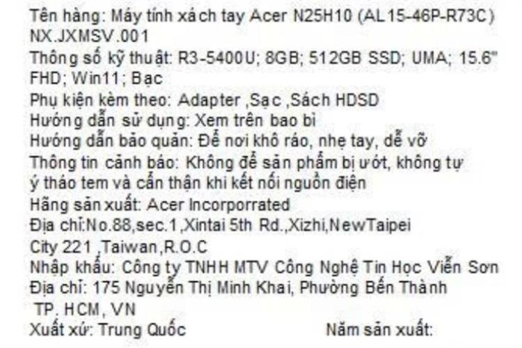 Laptop Acer Aspire Lite 15 AL15-46P-R73C - NX.JXMSV.001 (R3 5400U, 8GB, 512GB, Full HD, Win11) Màu Bạc