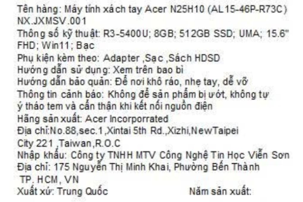 Laptop Acer Aspire Lite 15 AL15-46P-R73C - NX.JXMSV.001 (R3 5400U, 8GB, 512GB, Full HD, Win11) Màu Bạc