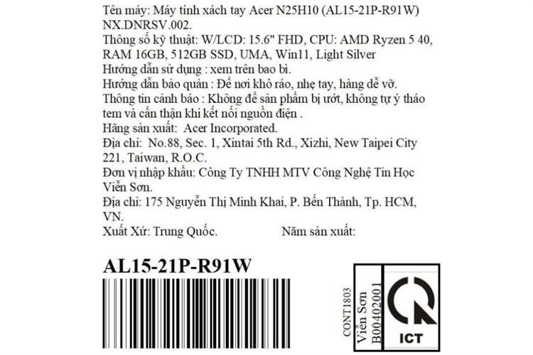 Laptop Acer Aspire Lite 15 AL15-21P-R91W - NX.DNRSV.002 (R5 40, 16GB, 512GB, Full HD, Win11) Màu Bạc
